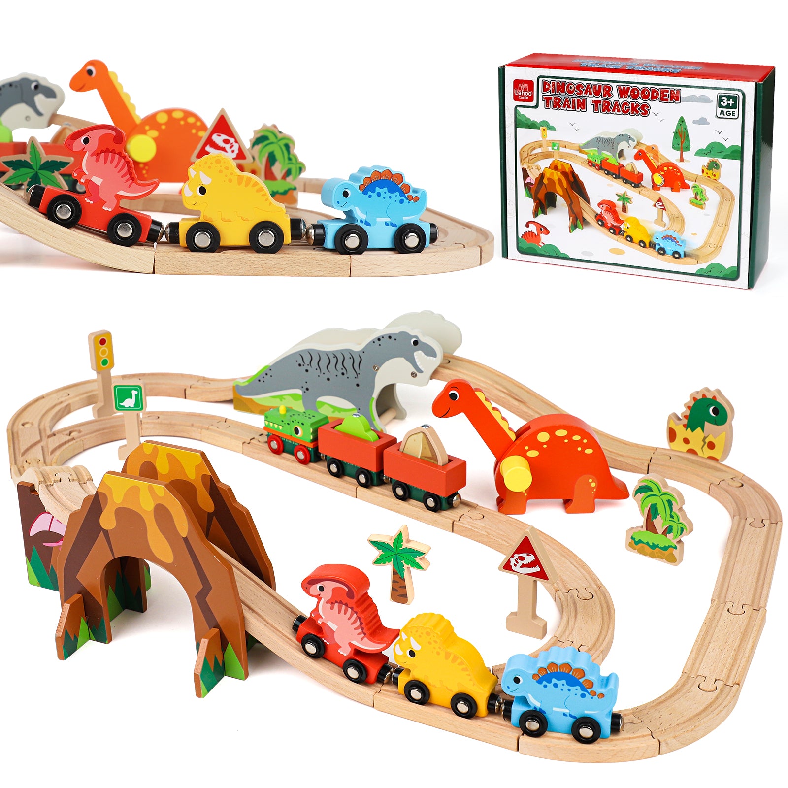Wooden Train Set Dinosaur Toys for Year Old Boys, Wood Train Track Set Birthday Gift Toys for Boy Girls Years Old with Bridge Accessories