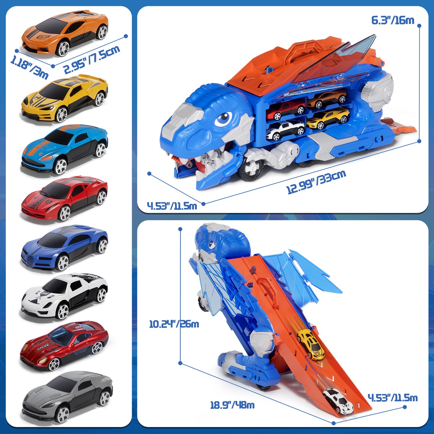Dinosaur Truck Toy, Toys for Boys 2 to 4 Years Old, Toys Cars Set with Race Track Transporter Hauler Dinosaur Transporter Truck with 8 Die-Cast Car Toys Gifts for Kids Ages 2 3 4 5 6 Years Old