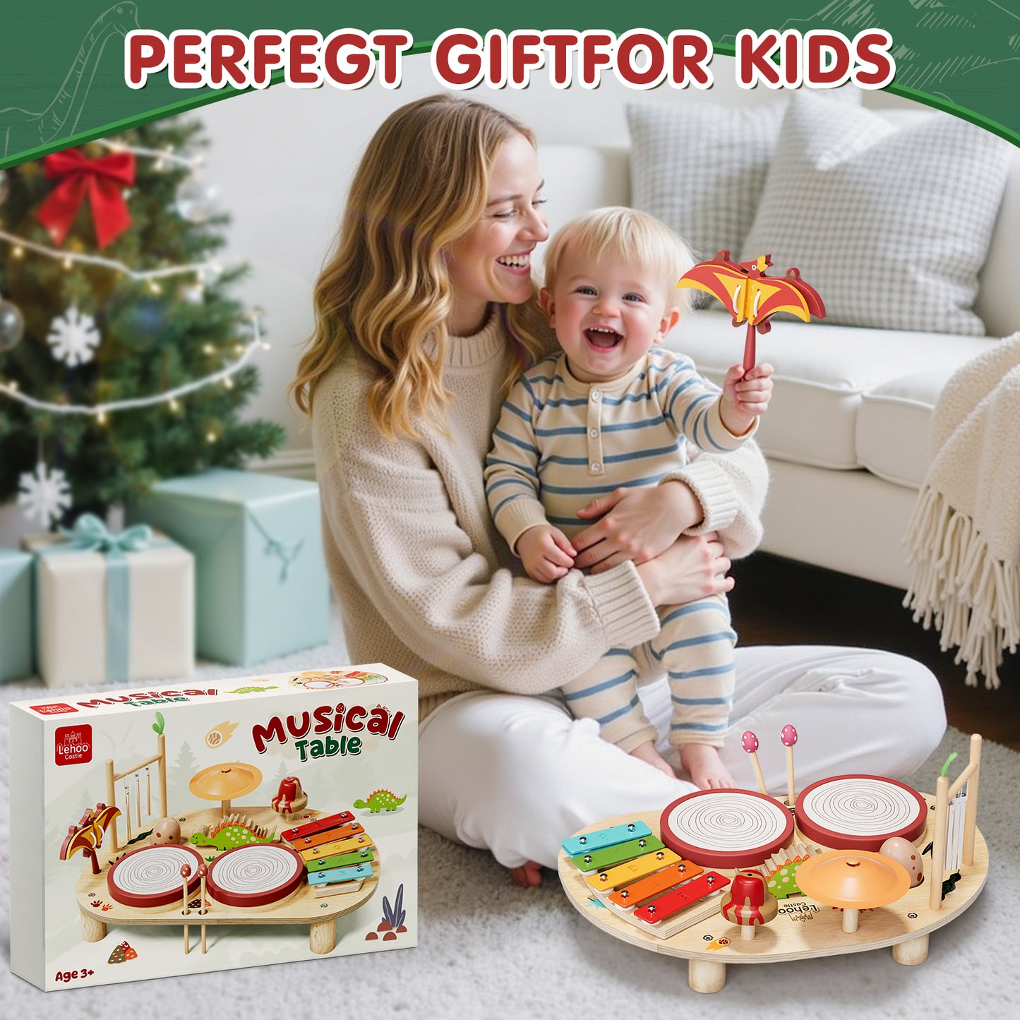 Kids Drum Set, Toys for 1 Year Old, Wooden Musical Instruments for Toddlers, Preschool Educational Xylophone Drum Kit, Montessori Toys for Boys 1-3 Years Old Christmas Birthday Gifts