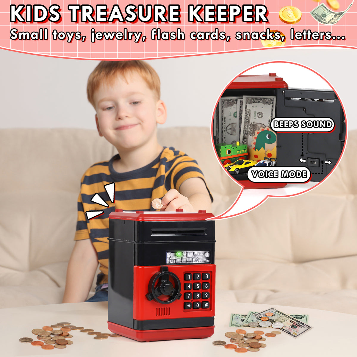 Piggy Bank for Kids Girls Boys, Large Electronic Money Saving Box with Password Protection, Automatic Paper Money Scroll - Red