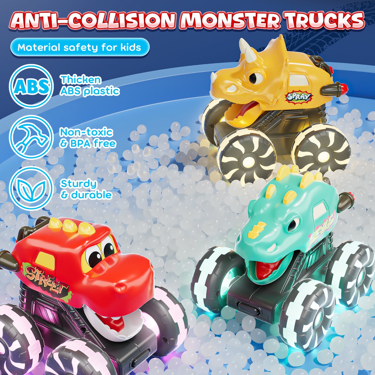 3 Pack Monster Truck Toys, Toy Truck with Flashing LED Wheels, Toddler Toy Car, Press & Go Cars, Toddler Toys 1-3 for Boys Birthday Gift
