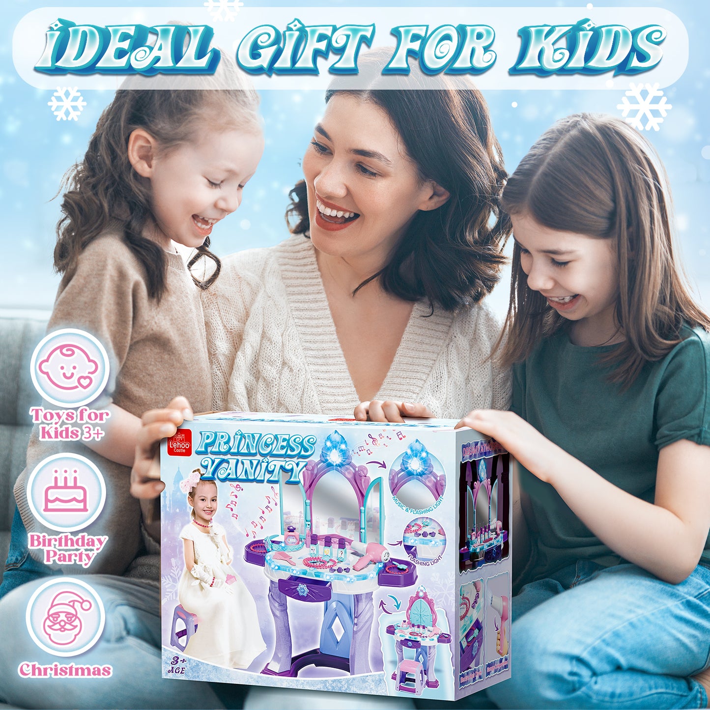 Kids Vanity Sets for Girls, Pretend Makeup Table with Mirror & Light & Music Sound & Chair & Accessories, Toddler Girls Toys for 2-5 Year Old