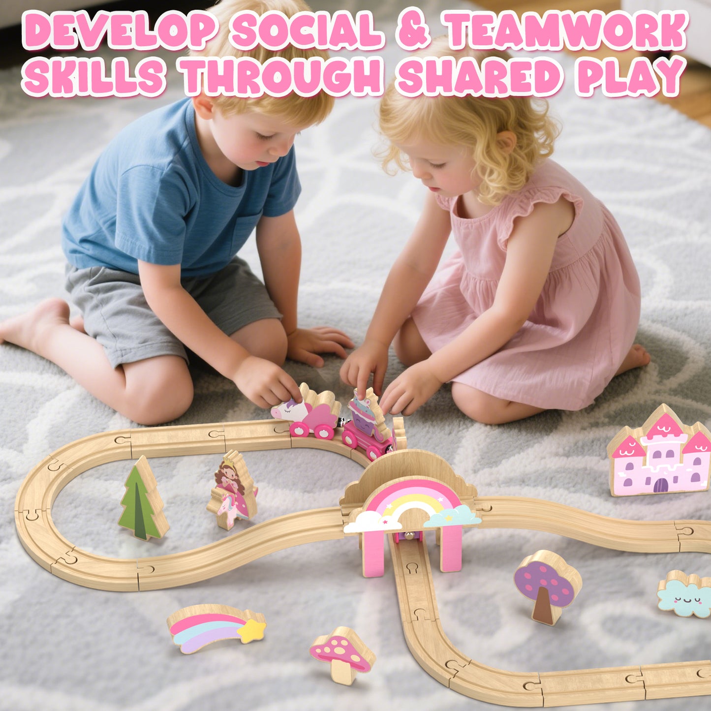 Train Set, 39 Pcs Wooden Train Set for Kids, Train Toy for Girls Boys 2 3 4 5 Year, Unicorn Train Track Set with 4 Magnetic trains & Accessories, Compatible with Other Brands