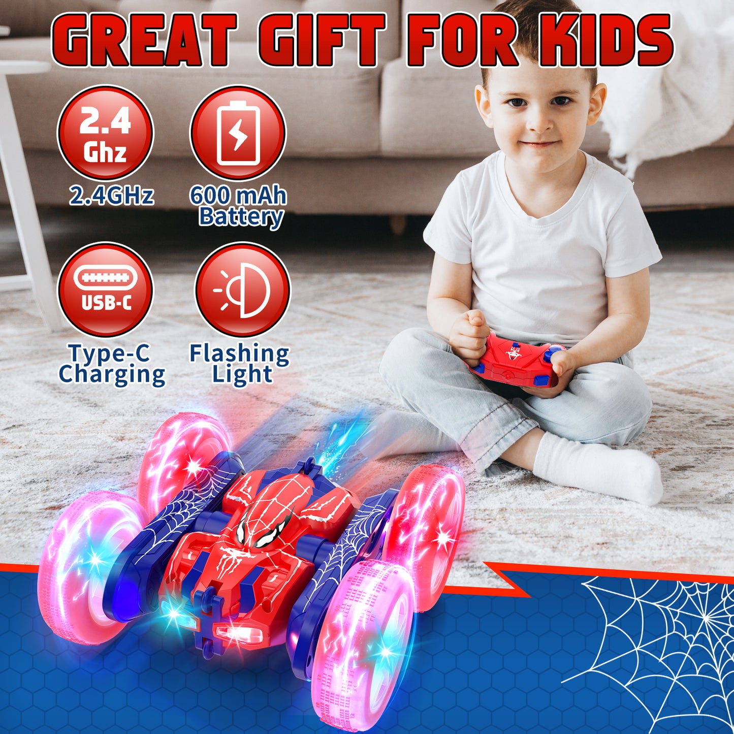 Remote Control Cars, RC Cars Toys for 3 4 5 6 7 8 9 10 Year Old Girl Boys, 2.4Ghz Fast Stunt, 360° Rotating RC Drift Cars with LED Light for Kid Age 5-7 8-12 Outdoor Toys Birthday