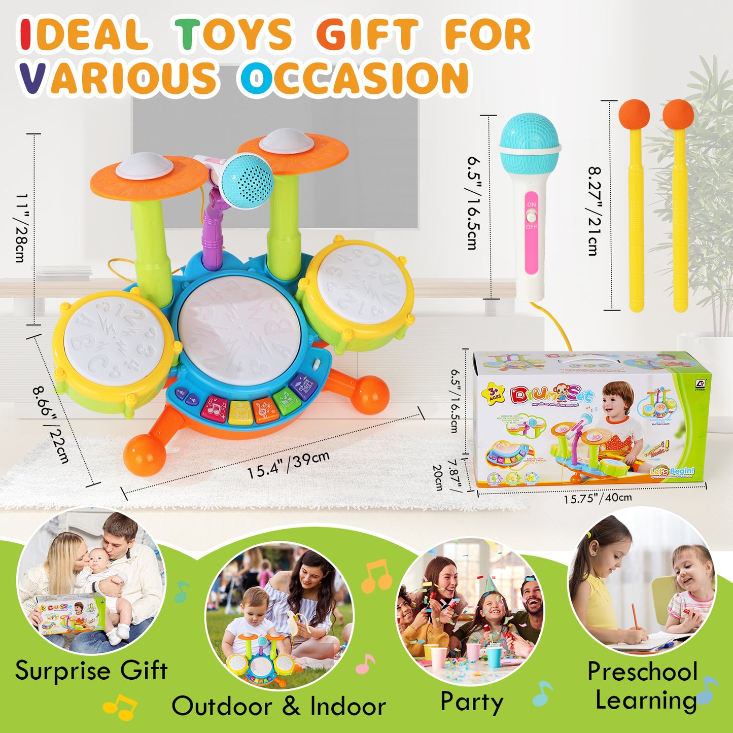 Kids Drum Set for Toddlers 1-3, Drum Set Toys for 1 2 3 Year Old Musical Toys Piano Light Up with 2 Drumsticks, Learning Educational Developmental Baby Toys