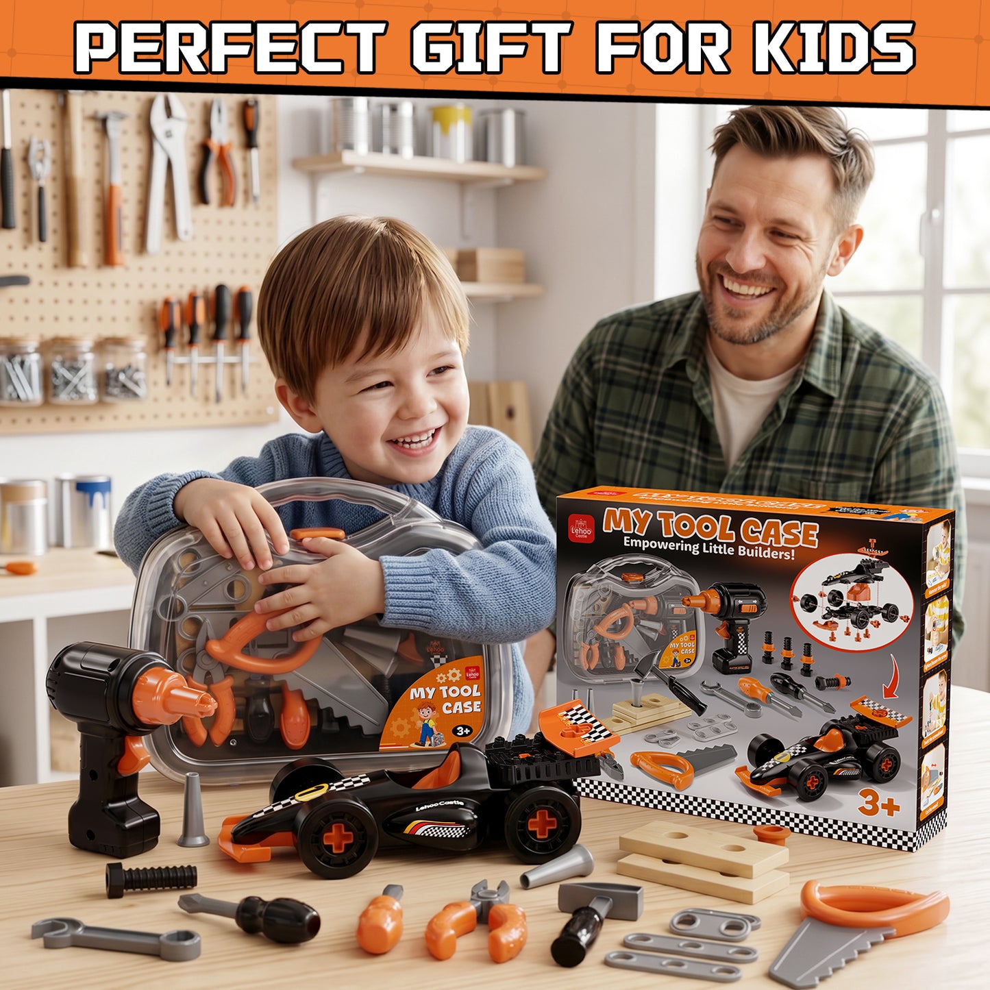 Kids Tool Set for Boys 2-4, Kids Tool Set with Carrying Case & Toy Drill & Racing Car, Montessori Stem Educational Pretend Play Construction Toy, Toys for 3 Year Old Boys Birthday Gifts - Orange