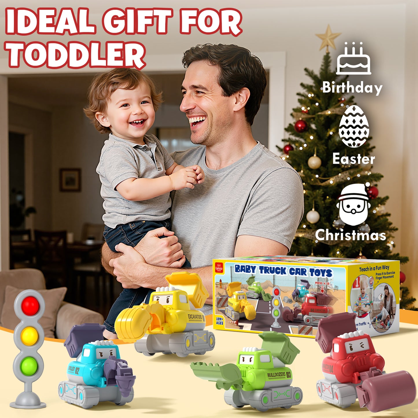 Toys for 1 Year Old, Construction Vehicle Toy Cars For Toddlers, Toy Cars with Playmat Storage Bag, Pull Back Cars Baby Toys, Press And Go Toy Cars