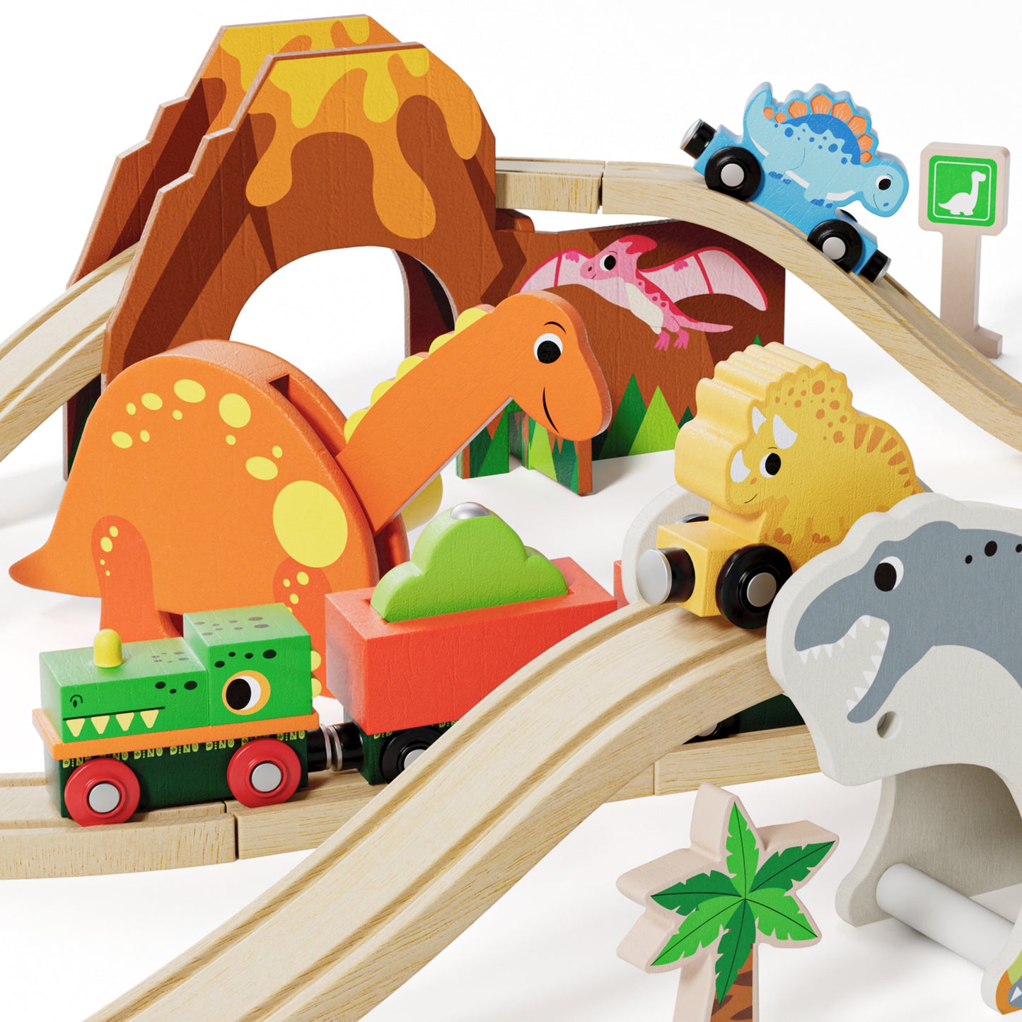 Wooden Train Set for 3 Year Old Boys, Dinosaur Toys Double-Side Train Set Tracks with Bridge & Accessories Fits Brio, Thomas, Melissa and Doug, Kids Birthday Gift Toys for Boy Girls 3 4 5 Years Old