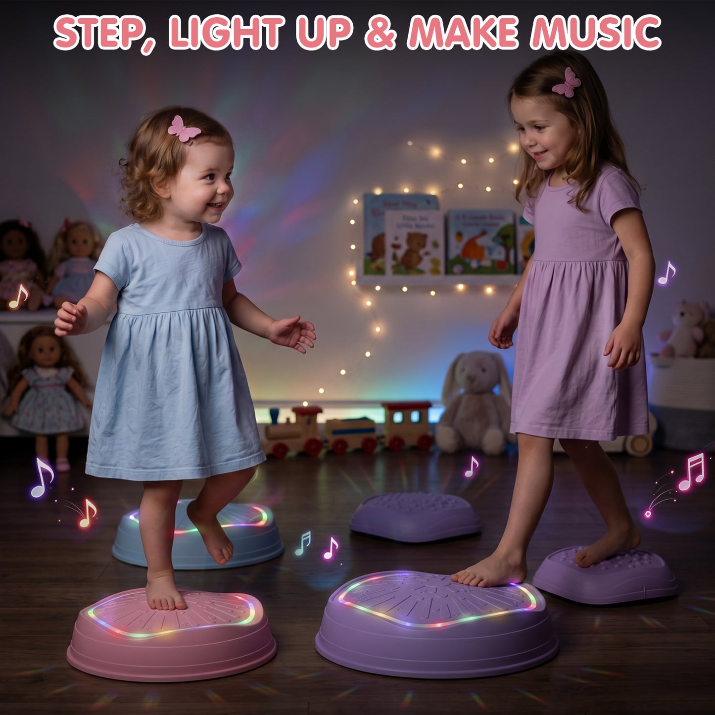 Stepping Stones for Kids, Upgraded Support Bones, 5 Pcs Non-Slip Balance Stepping Stones with Light & Music, Up to 220 lbs, Coordination Skills Sensory Toys, Outdoor Toys for Kids Ages 4 8 - Purple