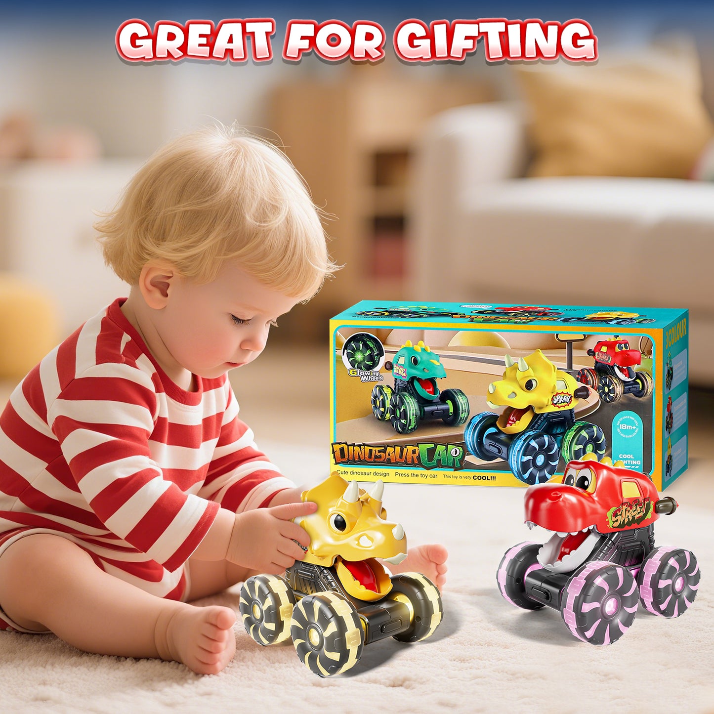 3 Pack Monster Truck Toys, Toy Truck with Flashing LED Wheels, Toddler Toy Car, Press & Go Cars, Toddler Toys 1-3 for Boys Birthday Gift