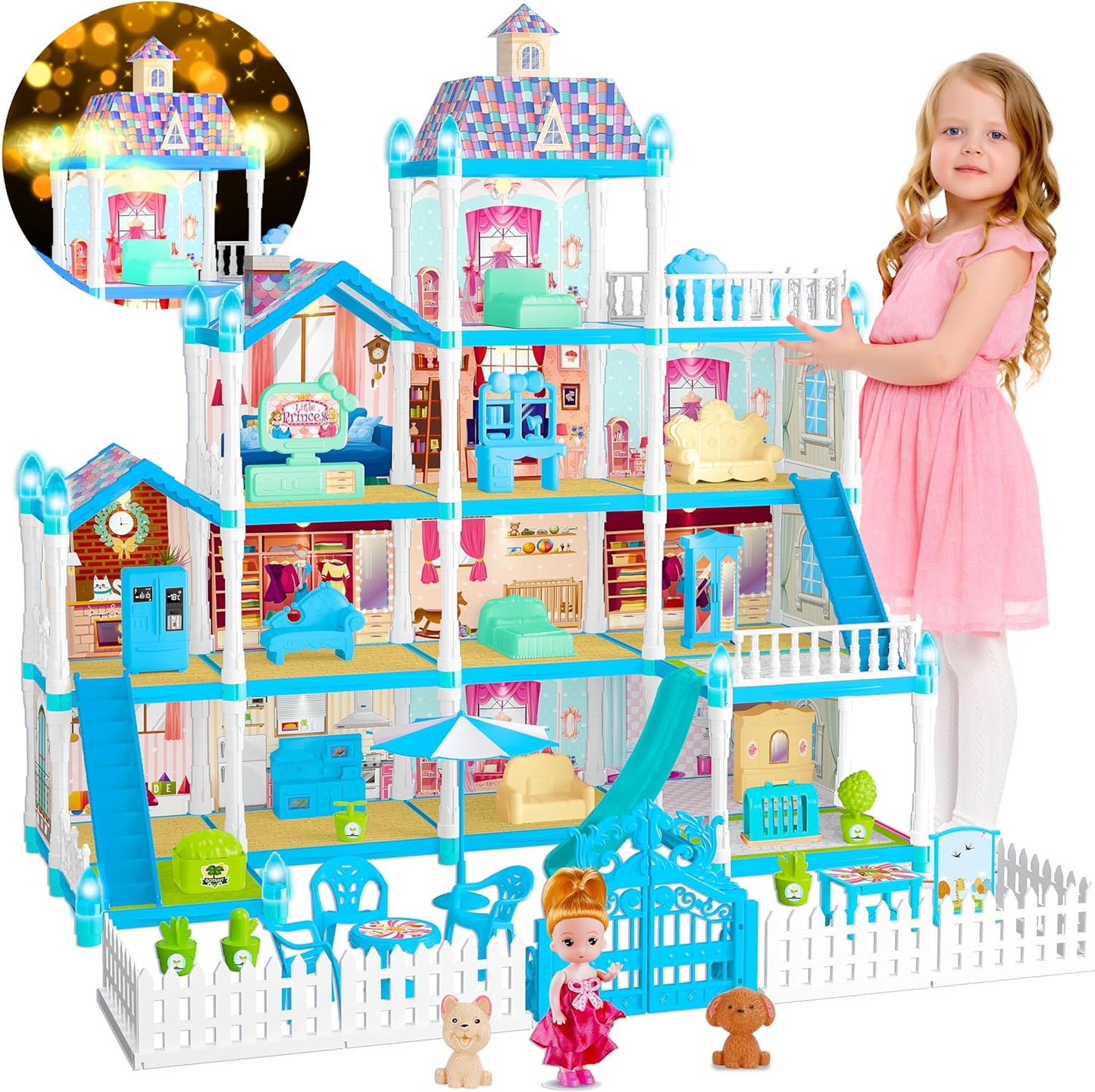 Doll House - Toys for 3 Year Old Girl Dream Dollhouse 12 Rooms Playhouse with LED Lights Furniture and Accessories, Pretend Play kit Doll House for Princess Age 3 4 5 6 7