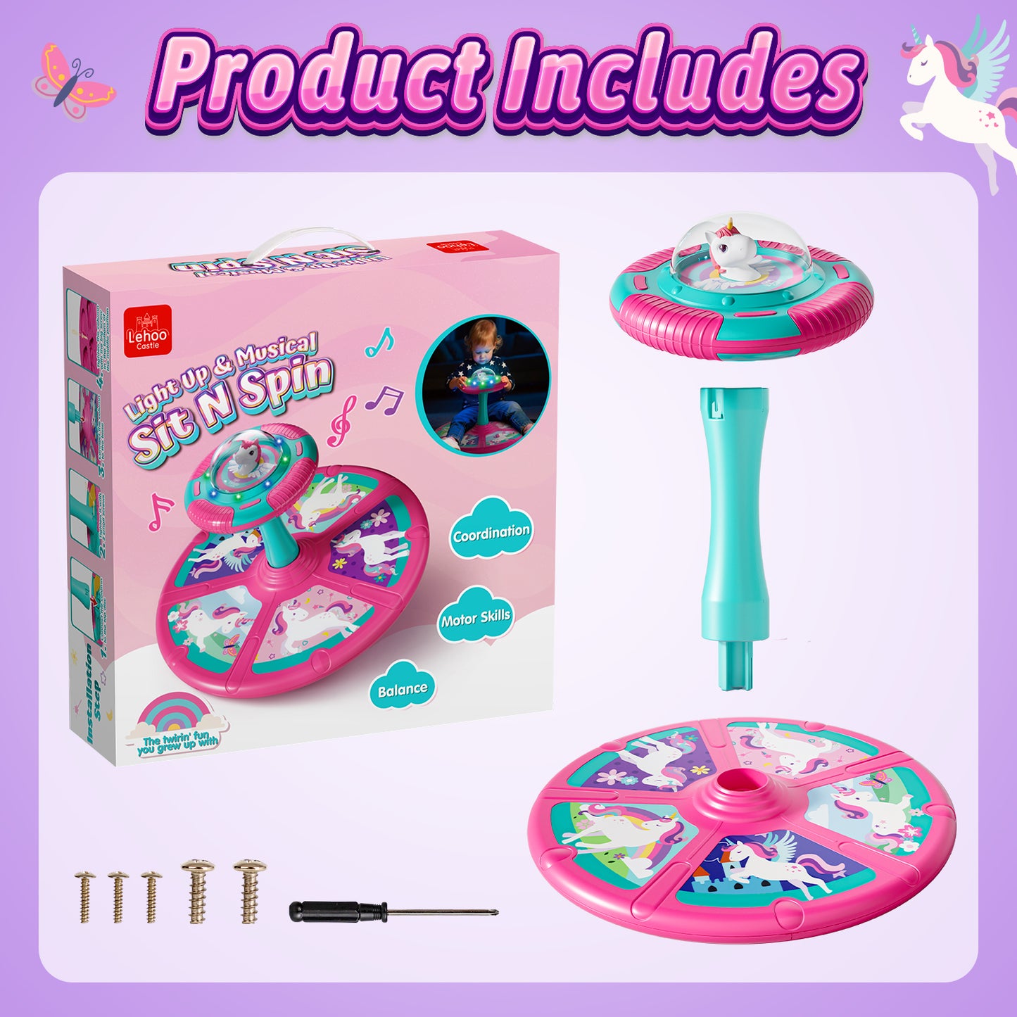 LC Sit and Spin Toys for Toddlers, 360° Unicorn Toddler Spinning Seat with LED Lights & Music, Sensory Spinning Chair, Sensory Toys for Ages 2-4 and Up, Best Birthday Christmas Gifts