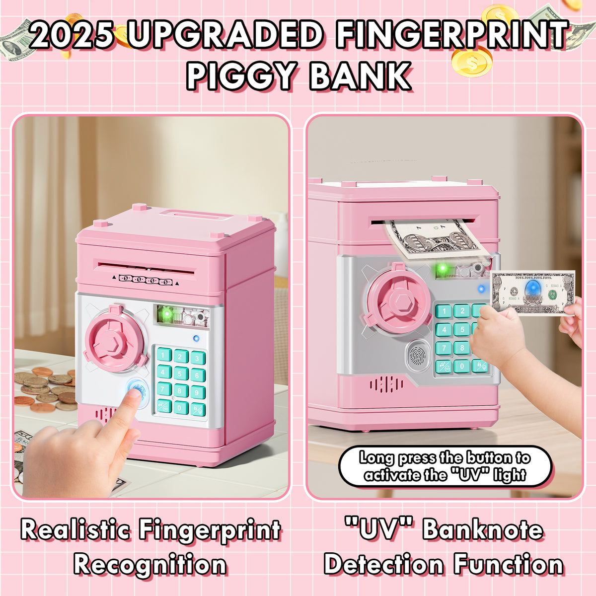 Piggy Banks for Kids, Fingerprint Recognition Electronic Money Saving Box with Password Protection, Automatic Paper Money Scroll - Pink