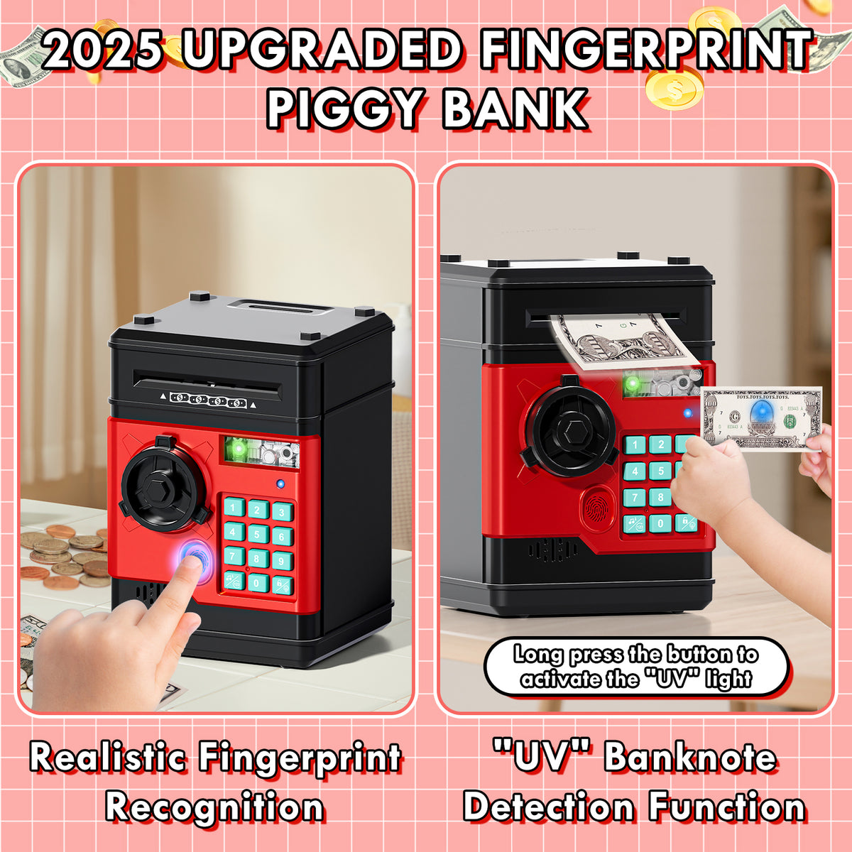 Piggy Banks for Kids, Fingerprint Recognition Electronic Money Saving Box with Password Protection, Automatic Paper Money Scroll - Red