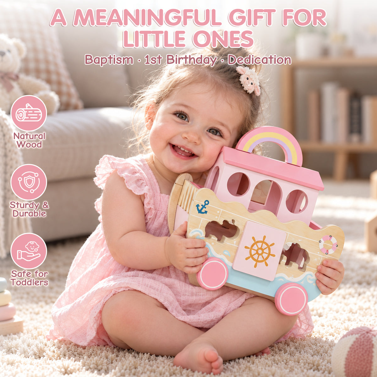 Noahs Ark Baby Toy, Toys for 1 Year Old Girls Baptism Gift, Montessori Educational Toy with Animal Shape Sorter, Montessori Toys for 1-3 Year Old