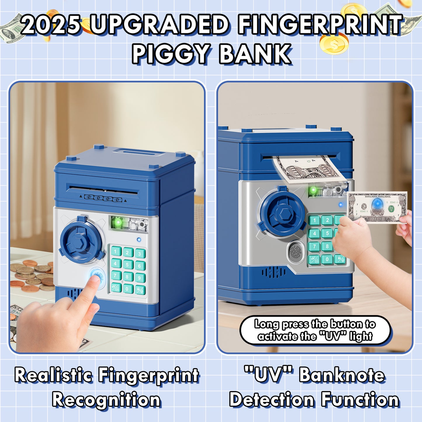 Piggy Bank Toy with Password and Fingerprint Unlocking Simulation, Automatic Electronic Piggy Bank with Music for Kids, Cash Coin Can ATM Bank for 3 4 5 6 7 8 9 Year Old Boys Girls - Blue