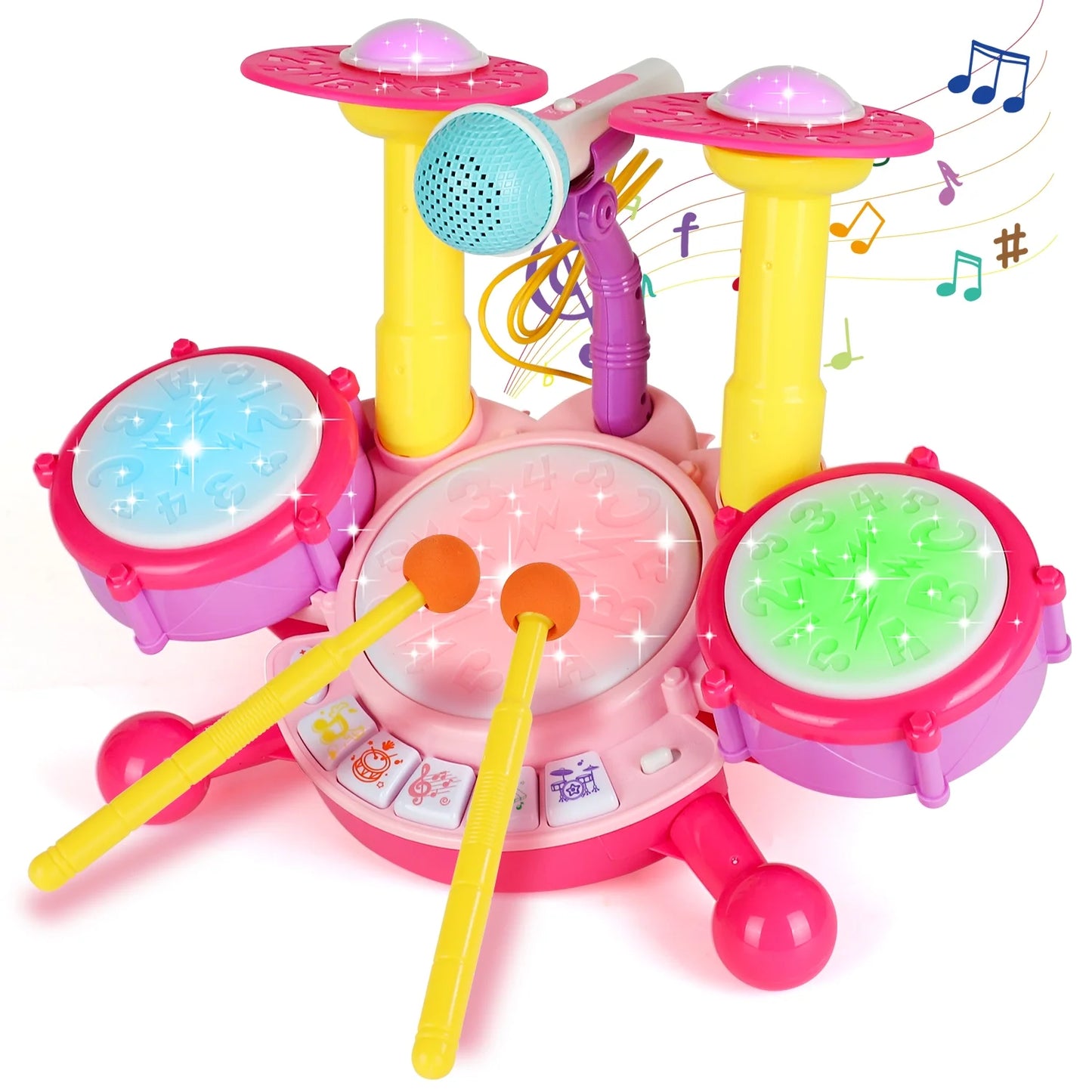 Kids Drum Set for Toddlers 1-3, Drum Set Toys for 1 2 3 Year Old Musical Toys Piano Light Up with 2 Drumsticks, Pink Learning Educational Developmental Baby Toys