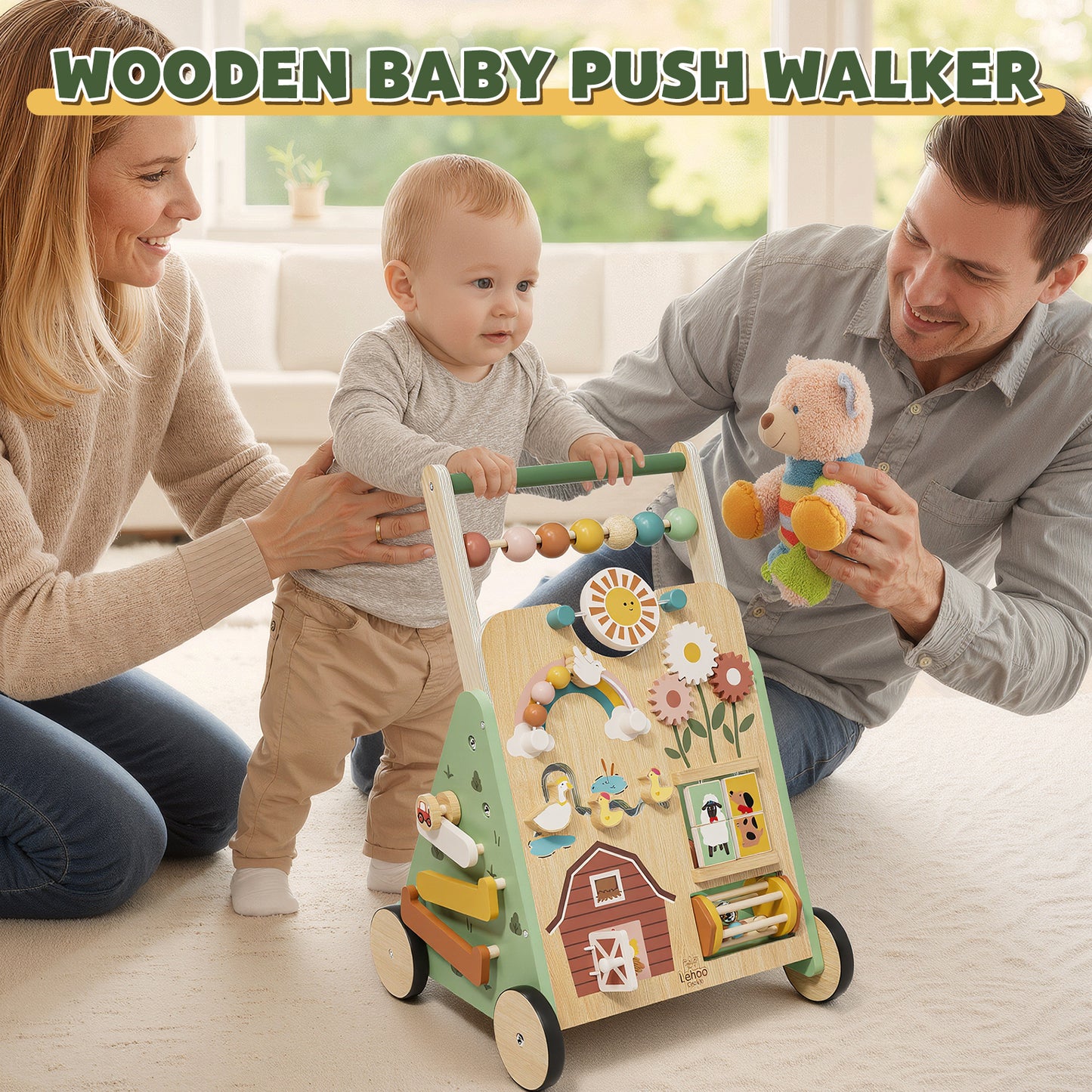 Baby Walker, Wooden Baby Push Walker with Activity Center, Push Walker Toys for Toddler Learning to Walk & Sit-to-Stand, Walking Toys for 1 Year Old