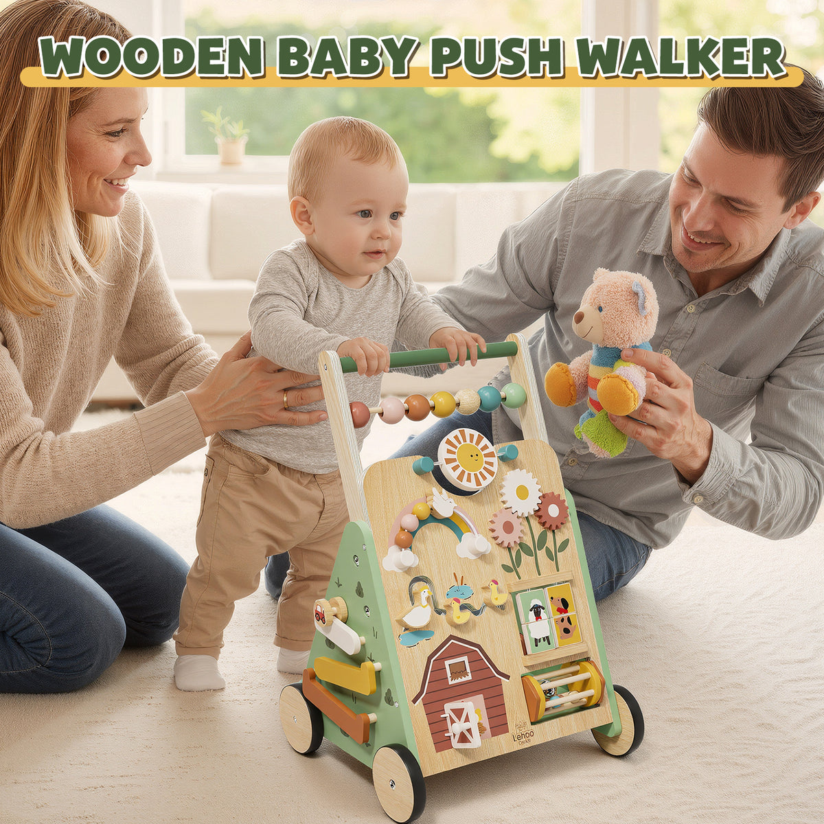 Baby Walker, Wooden Baby Push Walker with Activity Center, Push Walker Toys for Toddler Learning to Walk & Sit-to-Stand, Walking Toys for 1 Year Old