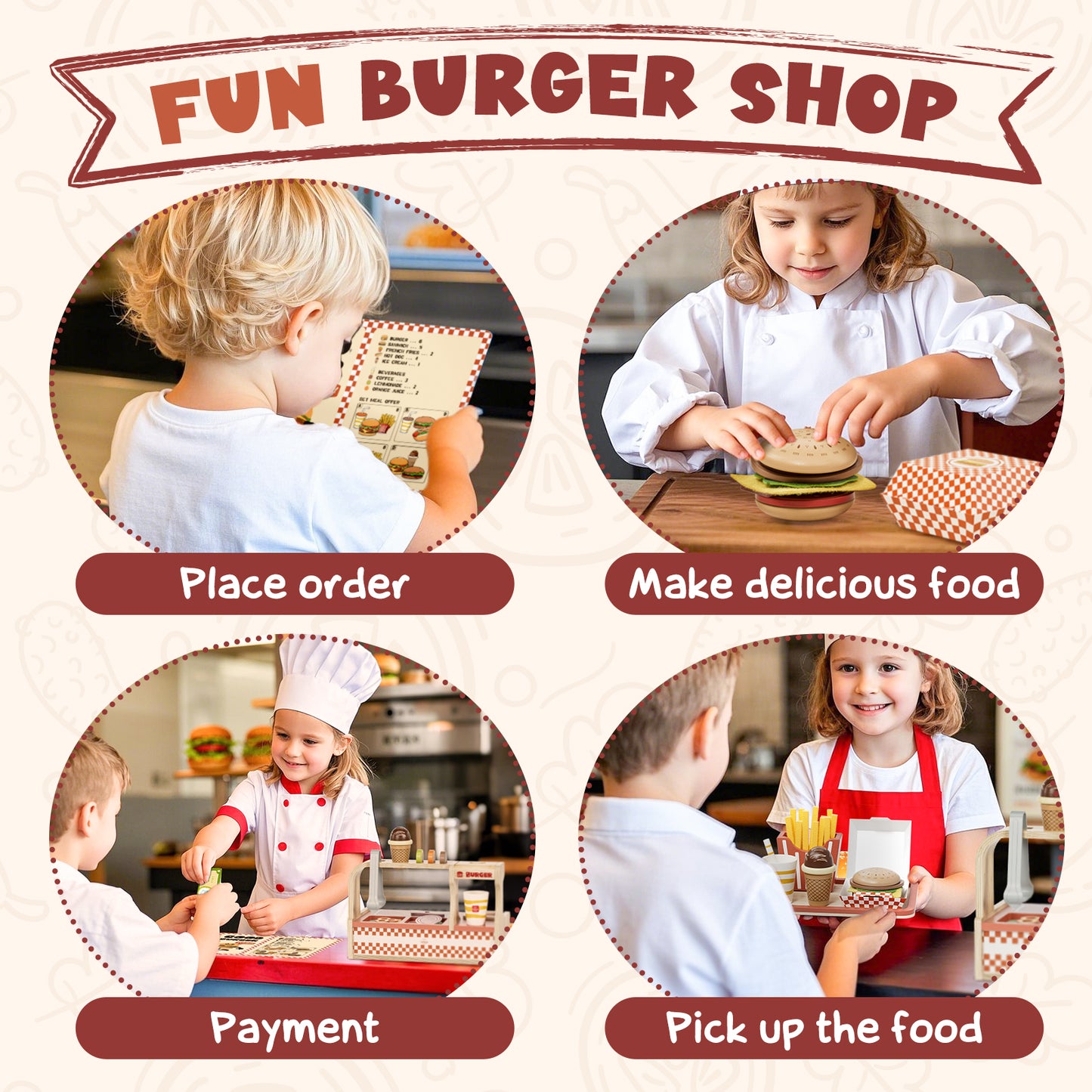 Wooden Play Food Fast Food Toy, Montessori Pretend Play Toys, Wooden Fast Food Counter Playset with Menu, Play Kitchen Accessories, Cooking Toys for Boys Girls Age 3+