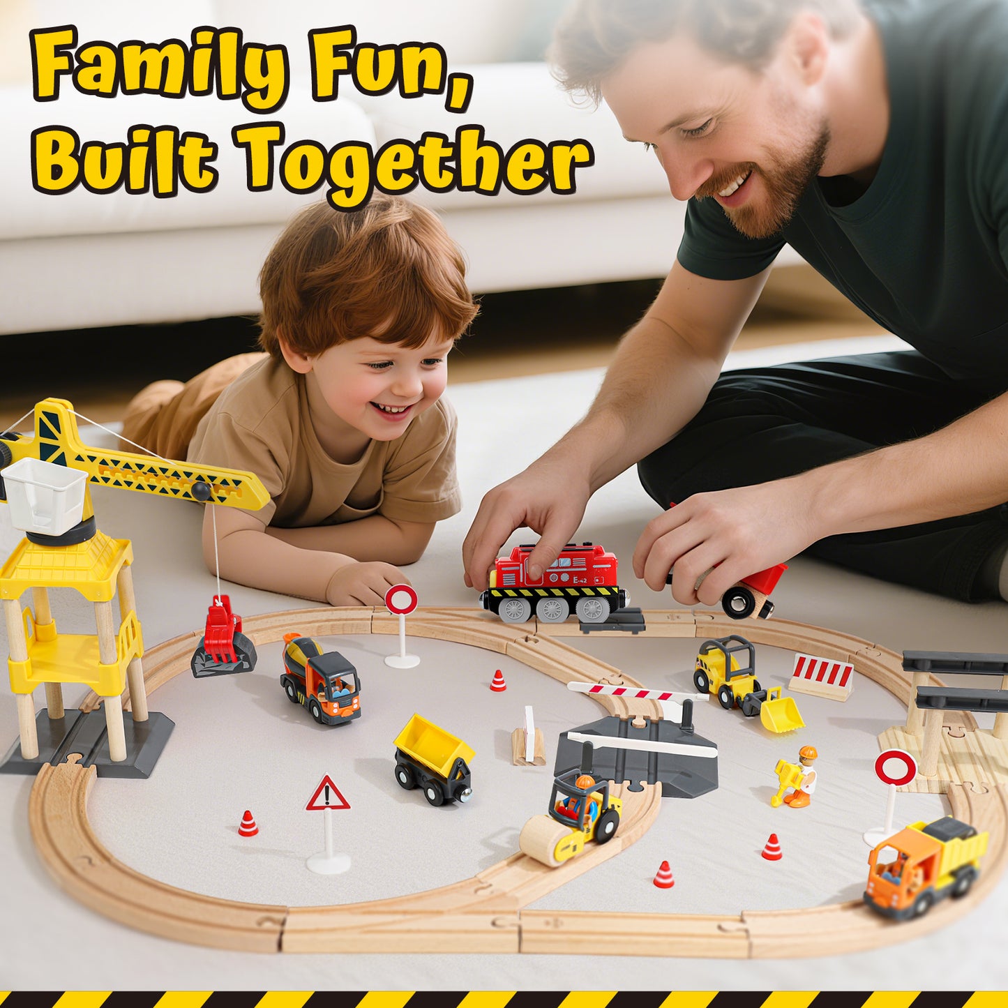Train Set, 68 Pcs Wooden Train Set for Kids, Train Toy for Boy 2 3 4 5 Year, Train Track Set with Crane & Accessories, Toy for 2 Year Old Kids Birthday Gift, Compatible with Other Brands
