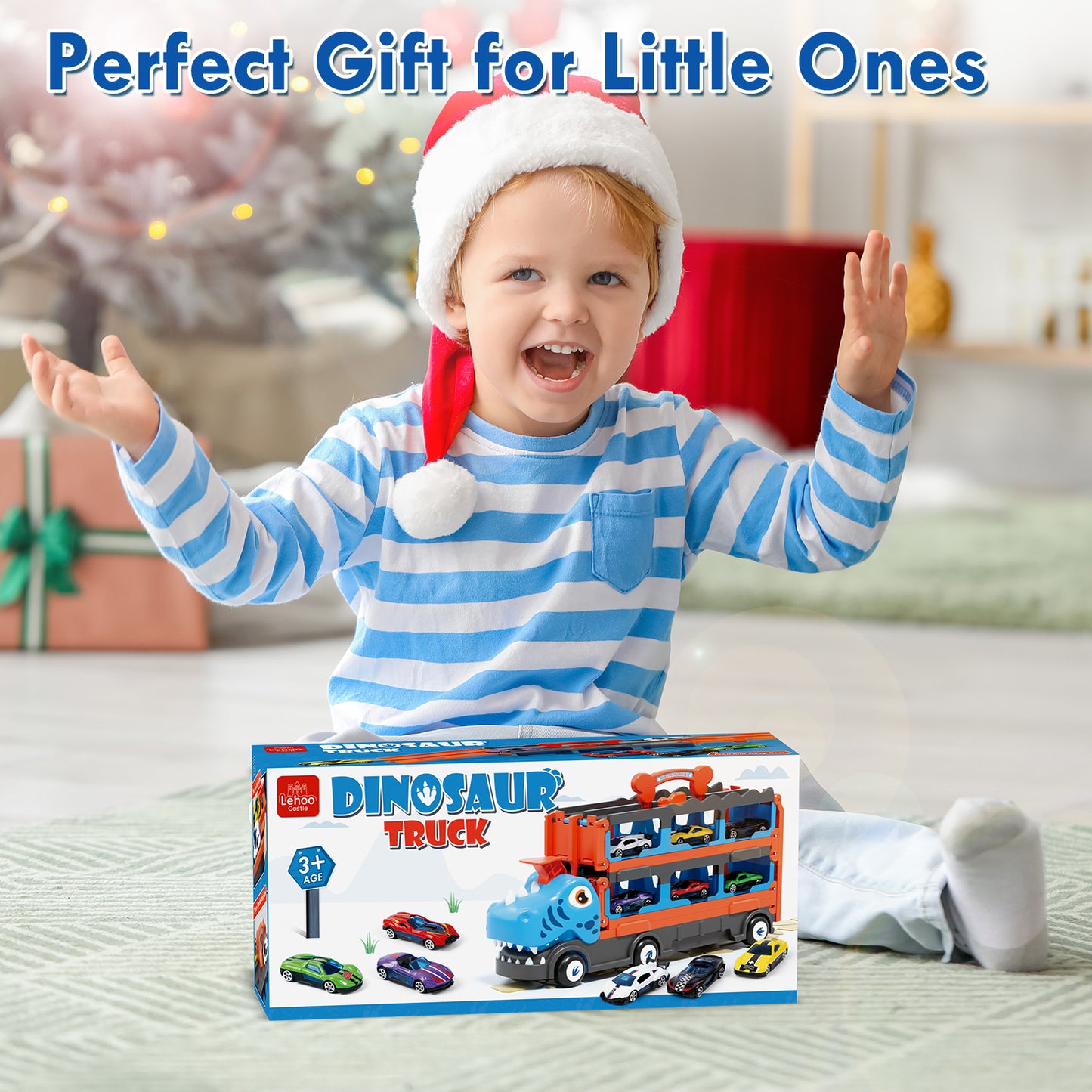 LC Toys for 2 Year Old Boy, 7 in 1 Dinosaur Truck Toys for Kids 2 3 4 5 6 7, Dinosaur Truck with 6 Pull Back Cars, 62.5in Race Track, Transport Carrier Truck Birthday Gifts Toys for 2+ Year Old Boy
