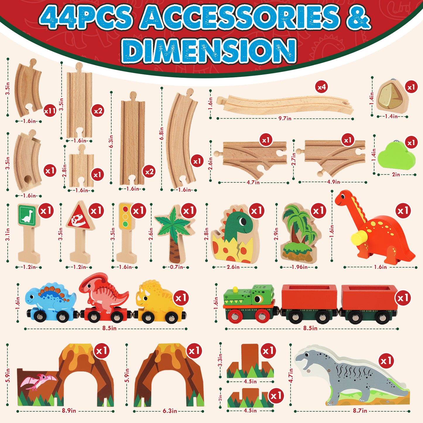 Train Set, Wooden Train Set for Kids, Train Set for Kids Ages 4-8, Train Track Toy Set with 3 Dinosaur Trains, Toys for 2 Year Old Boys, Compatible with Other Brands