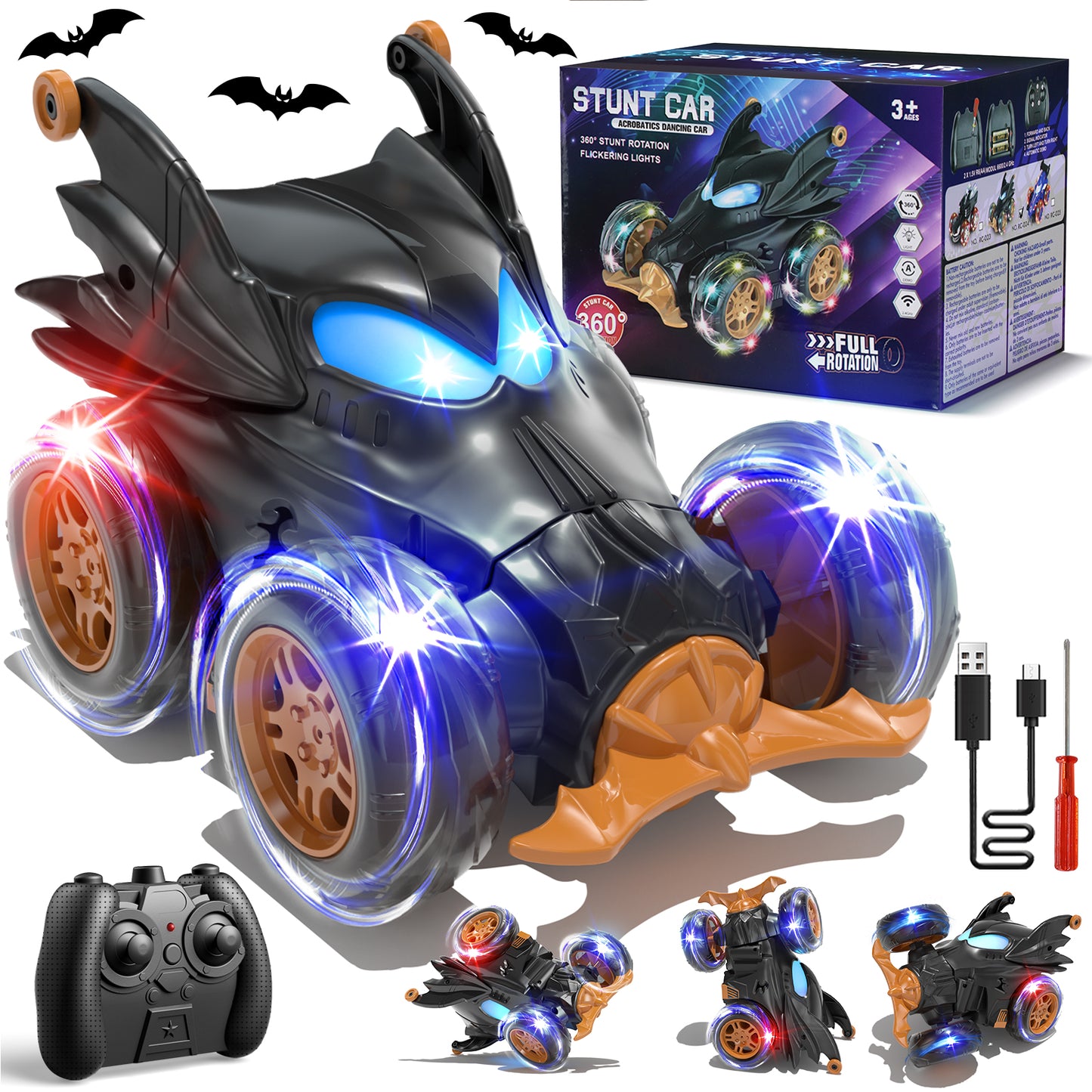Remote Control Car, RC Car for Boys, Rechargeable 2.4Ghz Fast Stunt with Cool Light, RC Car Front Wheel 360, Outdoor Toys Gifts for 3 4 5 6 7 8 9 10 Year Old Kids Birthday