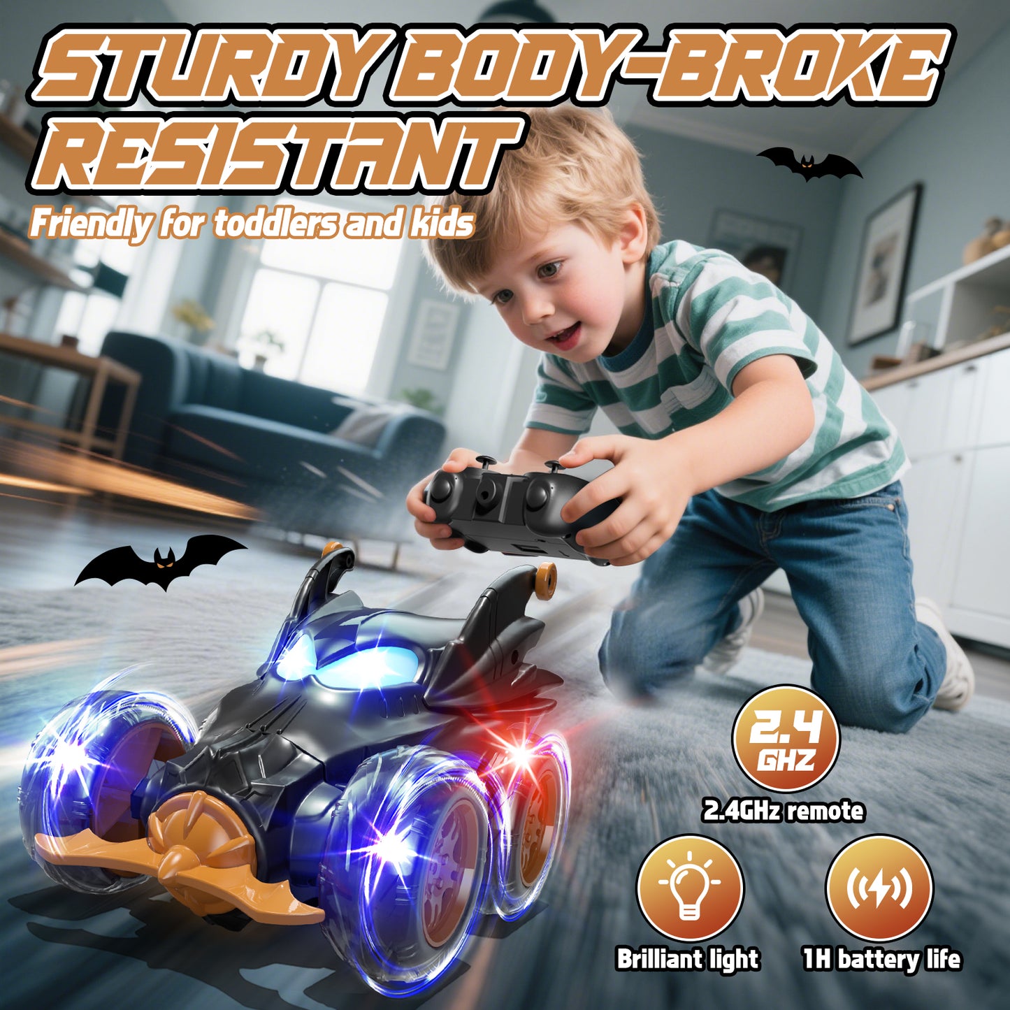 Remote Control Car, RC Car for Boys, Rechargeable 2.4Ghz Fast Stunt with Cool Light, RC Car Front Wheel 360, Outdoor Toys Gifts for 3 4 5 6 7 8 9 10 Year Old Kids Birthday