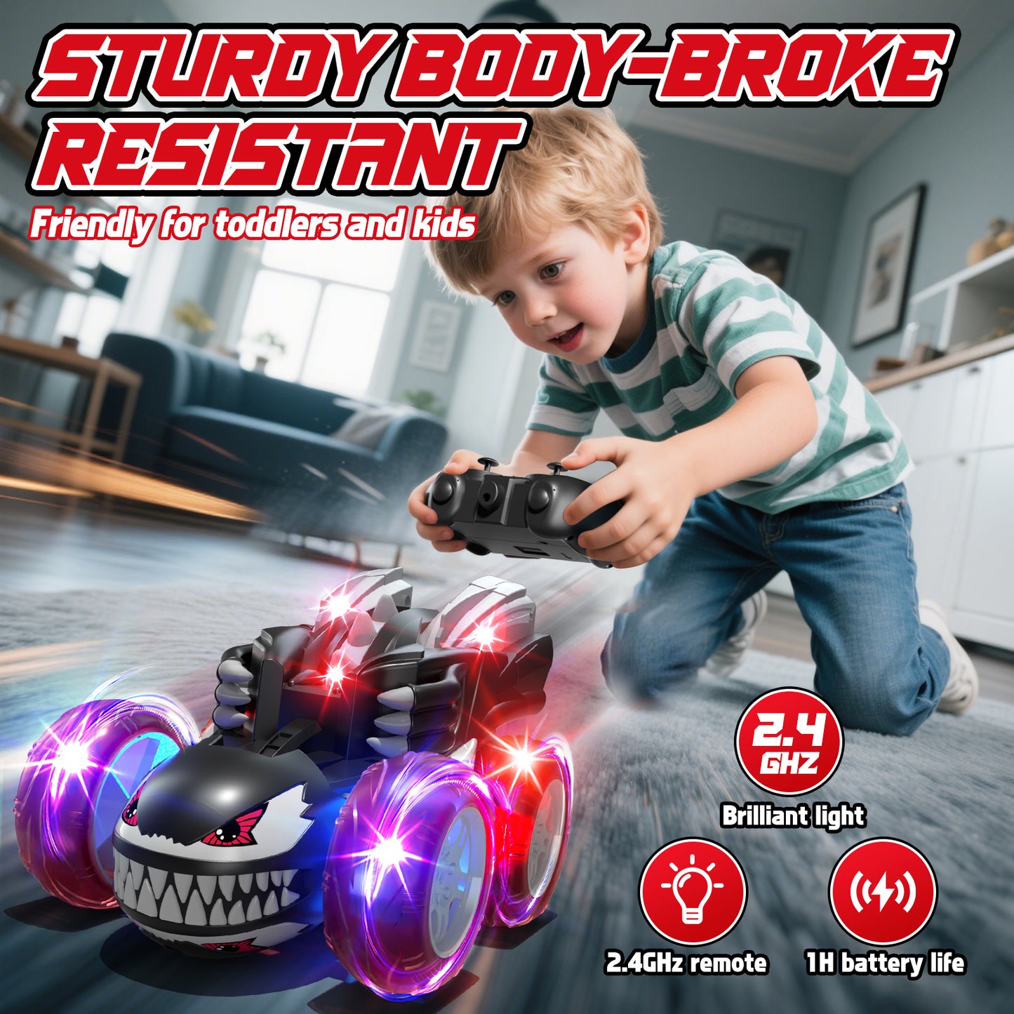 Remote Control Car Toys for 3 4 5 6 7 8 9 10 Year Old Boys Girls, Rechargeable RC Stunt Car with 360 flips, 2.4Ghz RC Car with Cool Light for 3-6 7-10 Kids Birthday Gift
