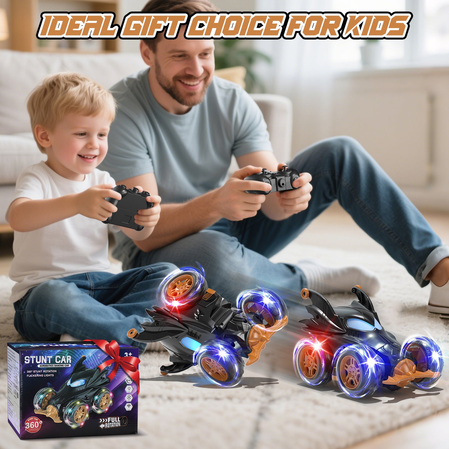 Remote Control Car, RC Car for Boys, Rechargeable 2.4Ghz Fast Stunt with Cool Light, RC Car Front Wheel 360, Outdoor Toys Gifts for 3 4 5 6 7 8 9 10 Year Old Kids Birthday