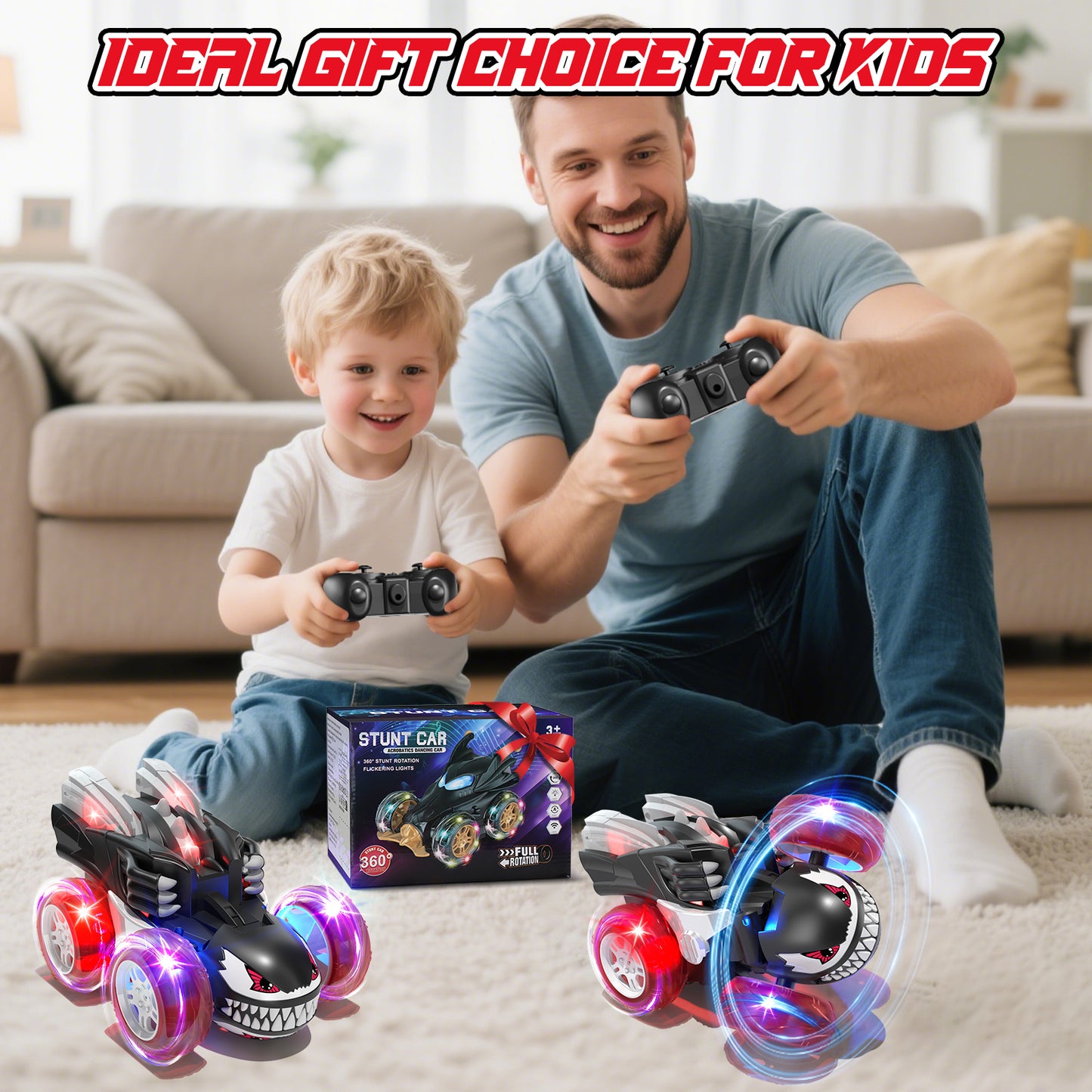 Remote Control Car Toys for 3 4 5 6 7 8 9 10 Year Old Boys Girls, Rechargeable RC Stunt Car with 360 flips, 2.4Ghz RC Car with Cool Light for 3-6 7-10 Kids Birthday Gift