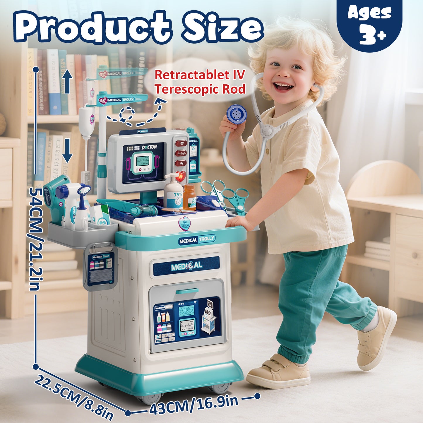 Doctor Kit for Toddlers 3-5, Pretend Play Medical Kit Toy, Toddler Medical Cart Toy with Sound & Medical Accessories for 2 3 4 5 Year Old Boys Girls Birthday Gifts