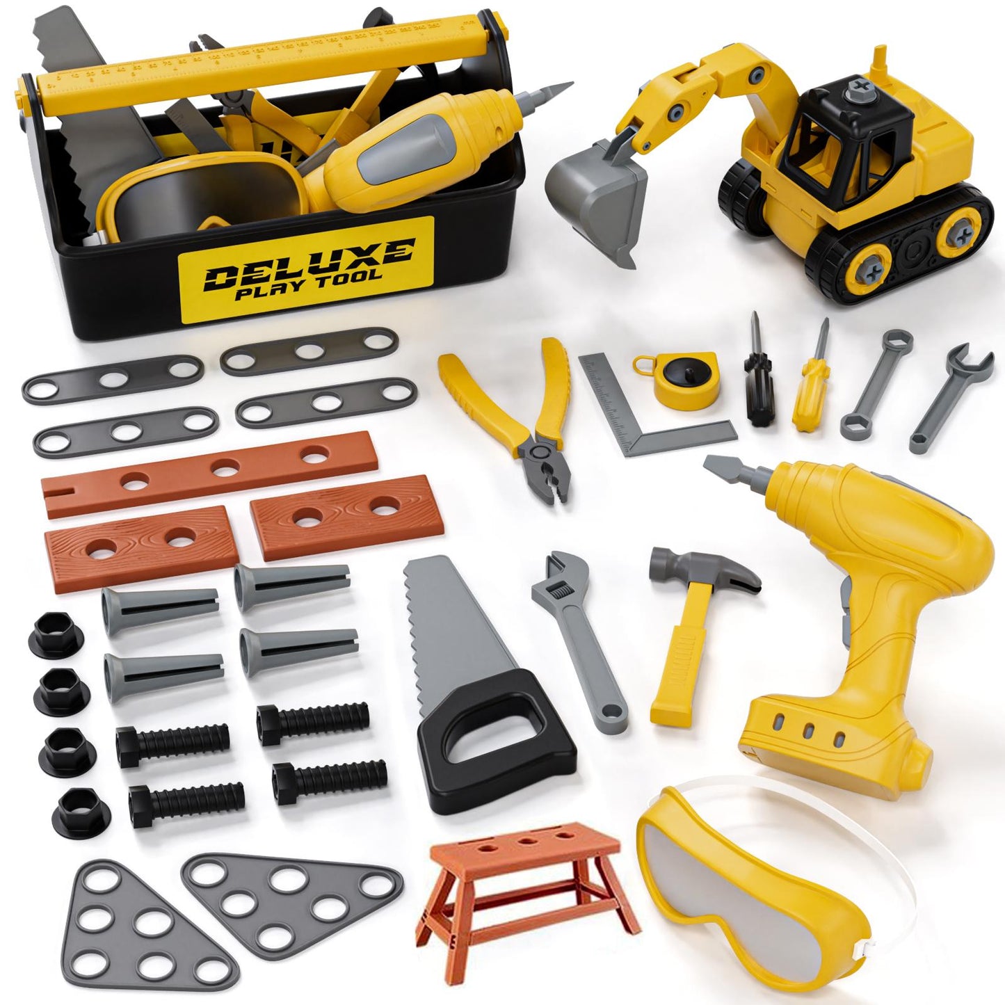 Kids Tool Set – Lehoo Castle Toddler Tool Set with Construction Vehicle & Electronic Toy Drill, Pretend Play Kids Toys, Toy Construction Tools for Kids Ages 3 4 5 6 7 8 Years Old (Black & Yellow)