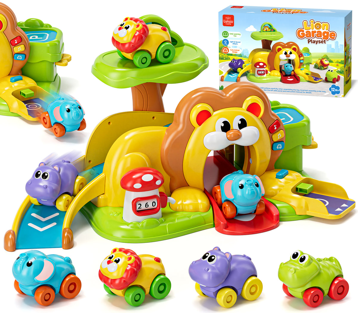 Toy for 1 Year Old, Toy Car for Boys, Lion Toy Car with Music & Light, 5 in 1 Lion Slide & Parking with 4 Mini Cars, Educational Toy for Toddler 1 2 3 Year Old Boys Girls Birthday Gift