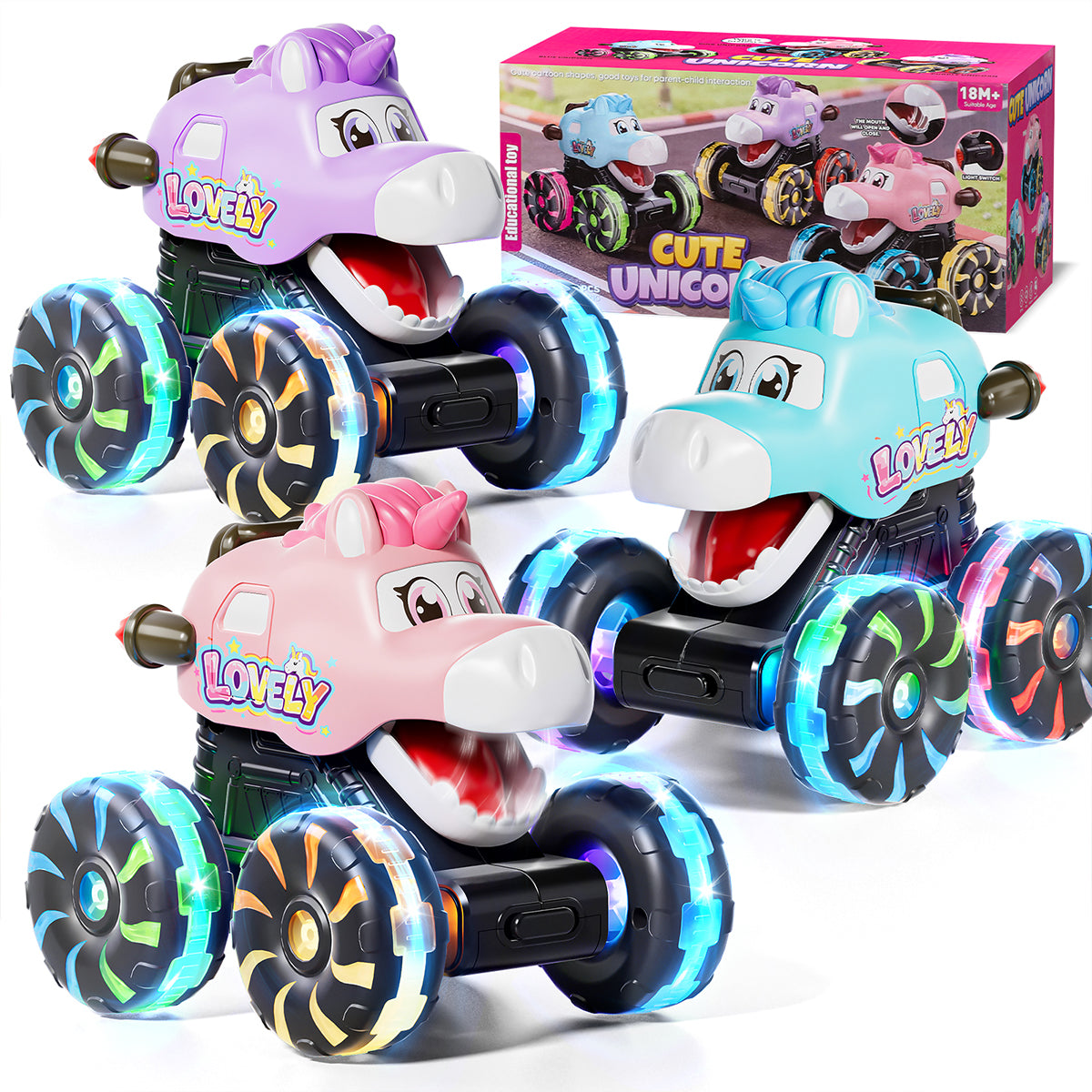 3 Pack Monster Truck Toys, Toy Truck with Flashing LED Wheels, Dinosaur Toys, Toddler Toy Car, Press & Go Cars, Toddler Toys 1-3 for Boys Birthday Gift