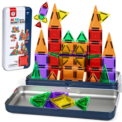 Mini Magnetic Tiles Travel Set with Metal Storage Box, 50PCS Magnetic Tiles, STEM Montessori Educational Toy for Boys Girls, Magnetic Construction Toys for 4-8 Year Old Kids Gifts