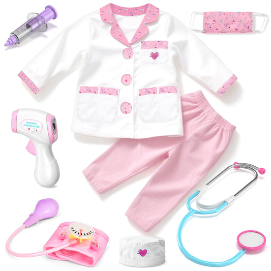 Doctor Costume Set for Kids, Pretend Play Doctor Dress up Clothes with Medical Accessories, Kids Doctor Costume Set Toy for Age 3 4 5 6 Boys Girls - Pink