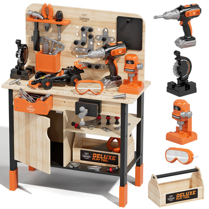 Kids Tool Bench Play Set, Wooden Kids Tool Set with Realistic Tools Electric Drill, Wrench, Screwdriver, Pretend Play Toys Construction Workbench for 3-6 Year Old Boys Girls