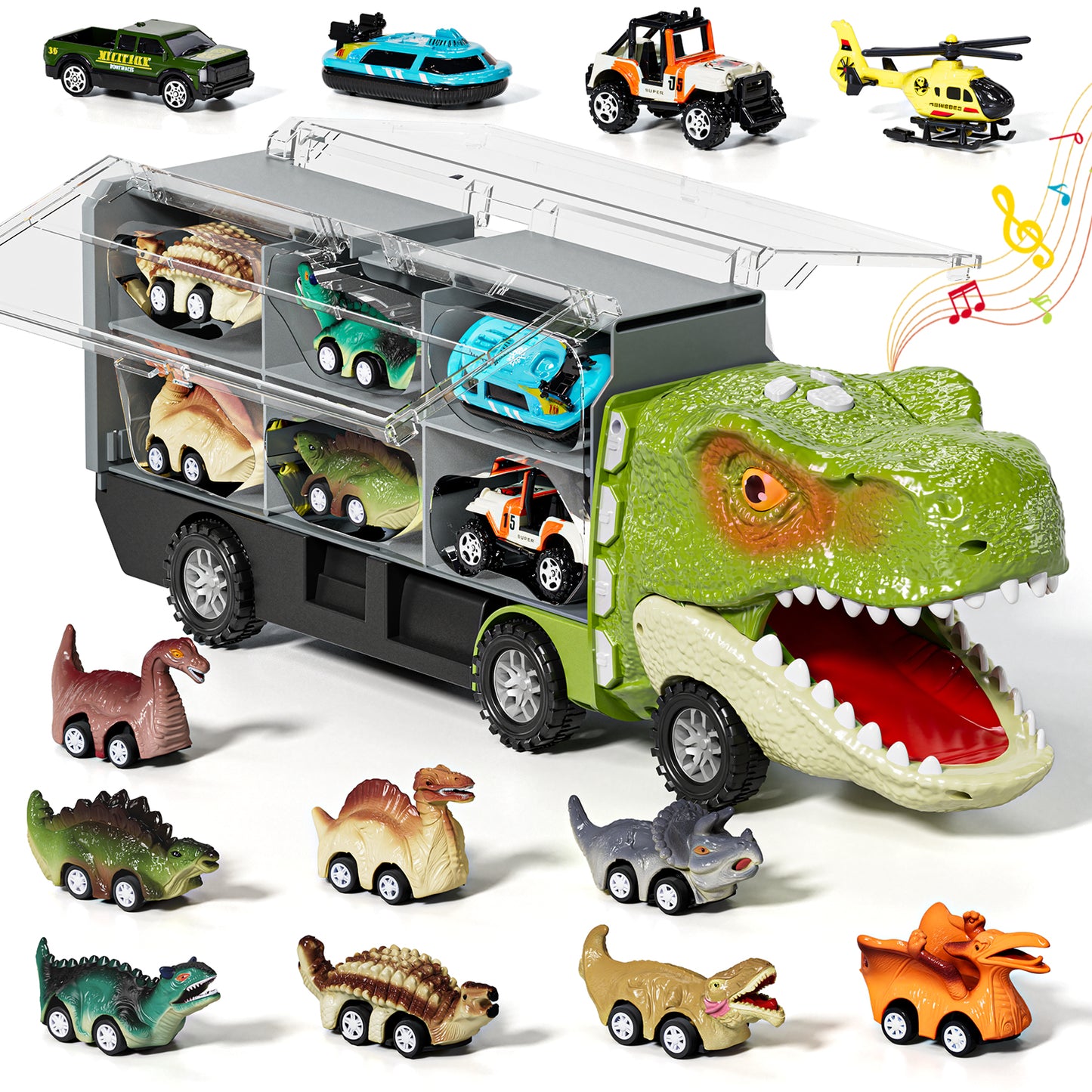 13 in 1 Dinosaur Truck, Transport Dinosaur Carrier Truck with 8 Dinosaurs & 4 Cars & Sound, Dinosaur Toys for Boys, Toy Trucks for Boys 3 6 Years
