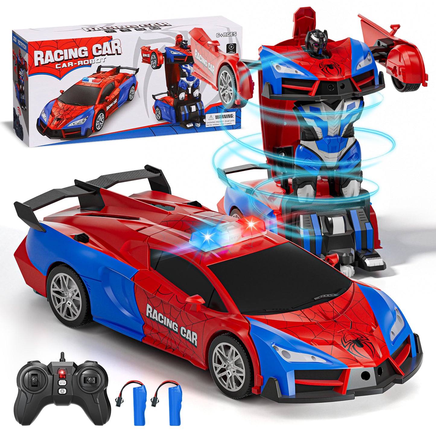Remote Control Car - Transform Spider Car Toy, One Button Deformation to Robot with Light, 2.4Ghz Remote Control Car with 360° Rotating, Police Car Toy for 3 6 Years Boys