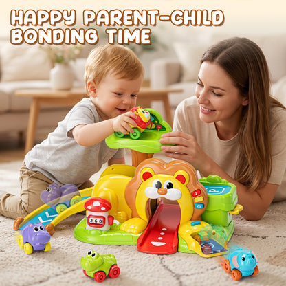 Toy for 1 Year Old, Toy Car for Boys, Lion Toy Car with Music & Light, 5 in 1 Lion Slide & Parking with 4 Mini Cars, Educational Toy for Toddler 1 2 3 Year Old Boys Girls Birthday Gift