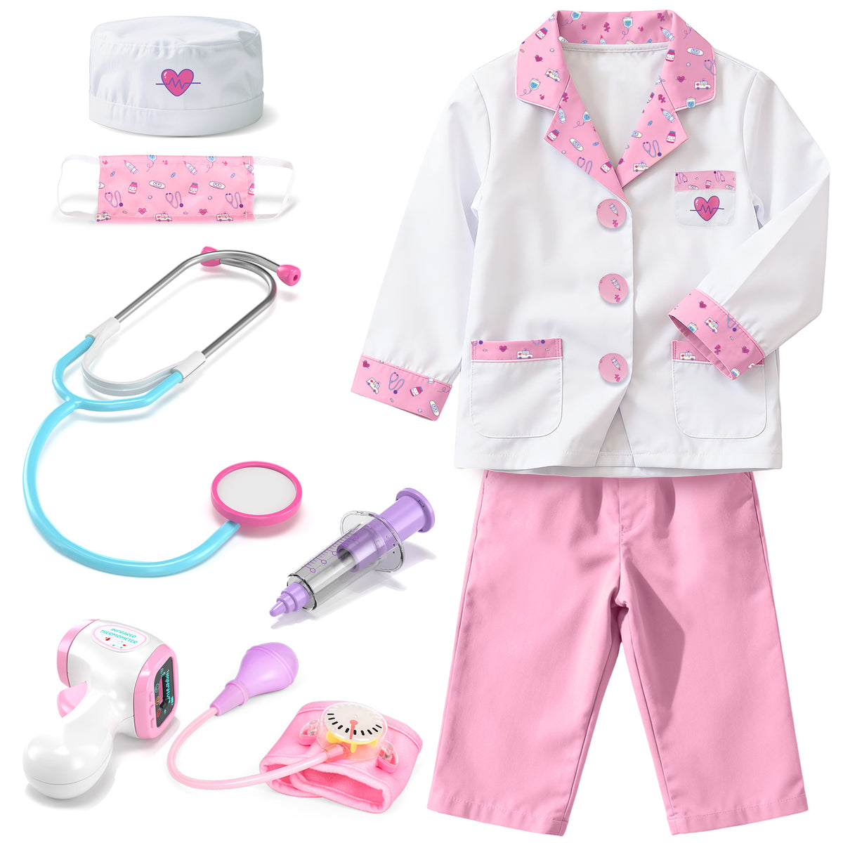 Doctor Costume Set for Kids, Pretend Play Doctor Dress up Clothes with Medical Accessories, Kids Doctor Costume Set Toy for Age 3 4 5 6 Boys Girls - Pink