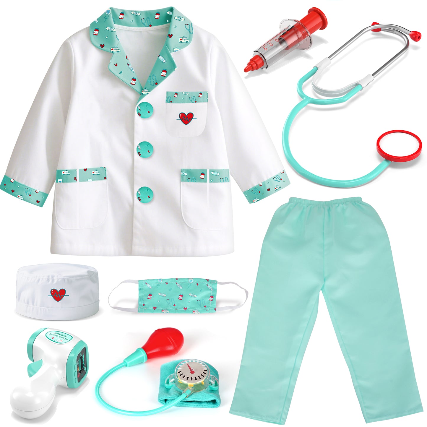 Doctor Costume Set for Kids, Pretend Play Doctor Dress up Clothes with Medical Accessories, Kids Doctor Costume Set Toy for Age 3-6 Boys Girls - Green