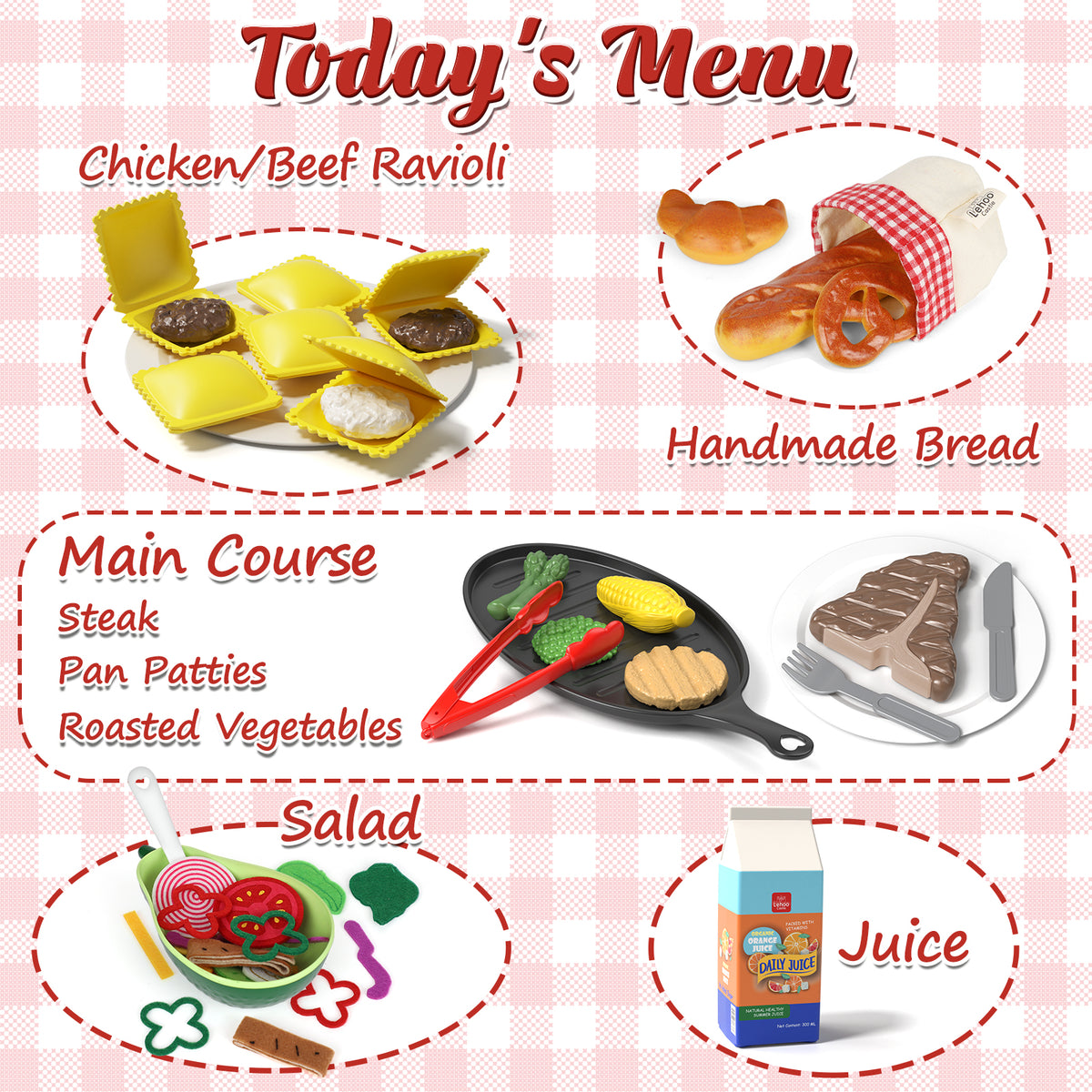 Pretend Play Food for Kids Kitchen - Cutting Toy Food with Storage Bag, Food Toys with Dumplings Steak, Fake Food with Bread Toy, Pretend Food, Play Kitchen Accessories, Boys Girls Gift