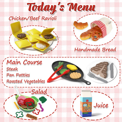 Pretend Play Food for Kids Kitchen - Cutting Toy Food with Storage Bag, Food Toys with Dumplings Steak, Fake Food with Bread Toy, Pretend Food, Play Kitchen Accessories, Boys Girls Gift