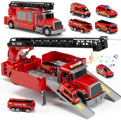 Fire Truck Toys, Toy Trucks for Boys 2-6 Years, Fire Truck Toys for Toddlers with Ejection Mode, Siren Sounds, Shooting Water, Retractable Ladder, 4 Alloy Vehicles, Best Birthday Gift for Toddle