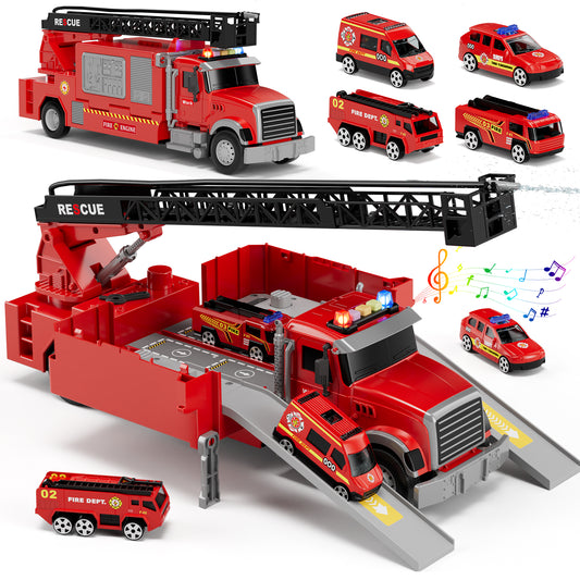 Fire Truck Toys, Toy Trucks for Boys 2-6 Years, Fire Truck Toys for Toddlers with Ejection Mode, Siren Sounds, Shooting Water, Retractable Ladder, 4 Alloy Vehicles, Best Birthday Gift for Toddle