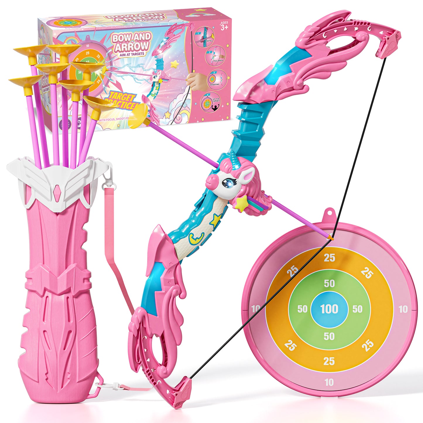 Bow and Arrow Set for Kids, Unicorn Toys for 5 Year Old Girls, LED Light Up Archery Toy Set with 10 Suction Cup Arrows, Target & Quive, Indoor and Outdoor Toys for Girls