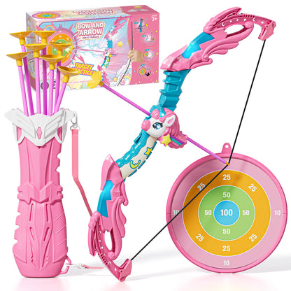 Bow and Arrow Set for Kids, Unicorn Toys for 5 Year Old Girls, LED Light Up Archery Toy Set with 10 Suction Cup Arrows, Target & Quive, Indoor and Outdoor Toys for Girls